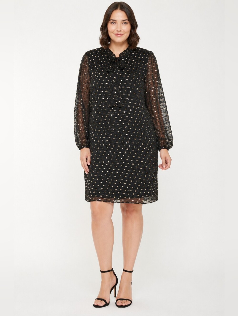 DKNY Metallic Gold Foil-Dot Pleated Chiffon Shift Dress – Size 16